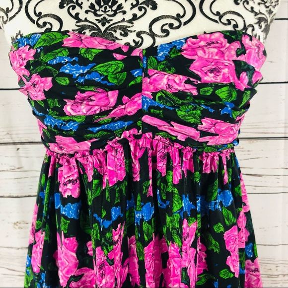 Betsey Johnson 100% Silk Floral Rose Strapless Babydoll Dress Lace Size 4 - Picture 2 of 13